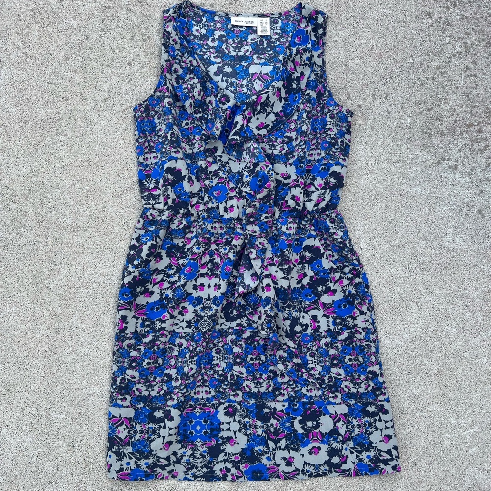 DKNY Jeans Petite Small Floral Midi Dress V-Neck Ruffle Preppy Boho Streetwear